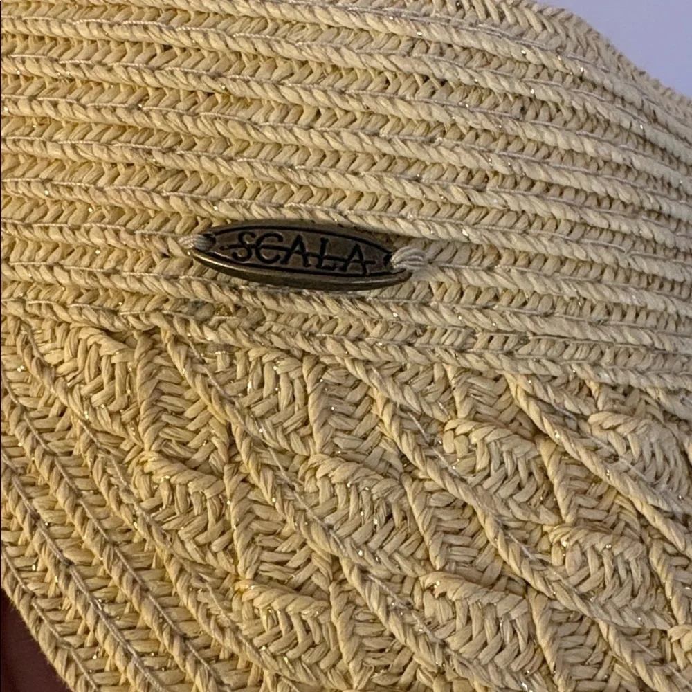 Scala Colleczione Woven Tan Gold Metallic Visor Hat OS